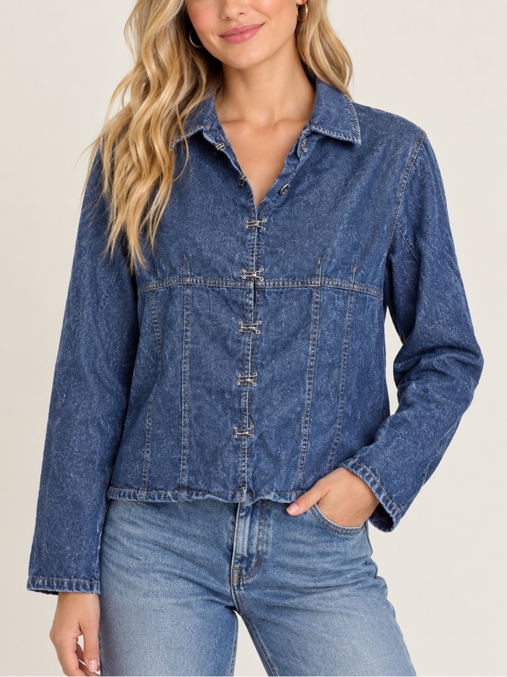 metrostyle Blue Denim Hook-Front Jean Jacket